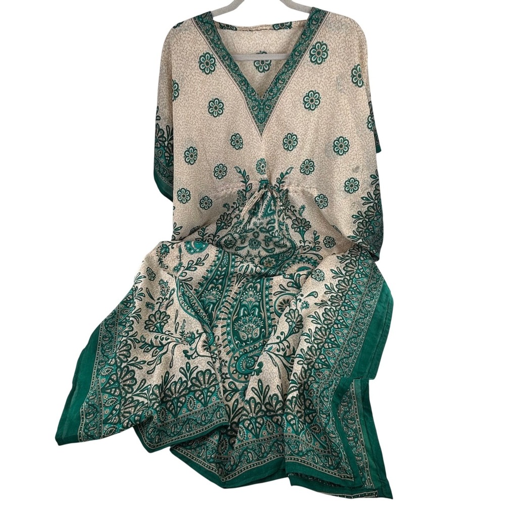 Bohemian Kaftan Dress Floral Print Green Beige V Neck Drawstring Maxi Mrs. Roper